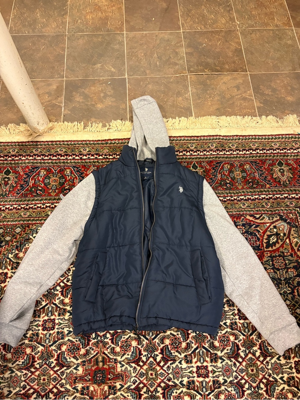 US Polo assn Navy Puffer Vest with Light Gray Hoodie Sleeves